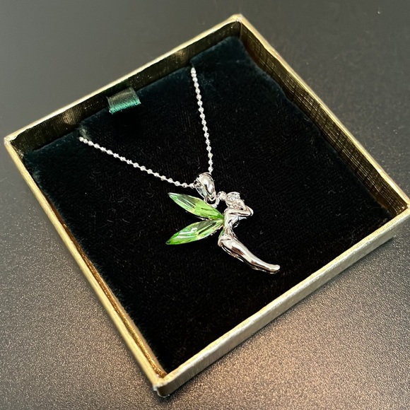 Tinkerbell necklace — charm with green crystal wings on silver tone ball chain - Picture 9 of 10